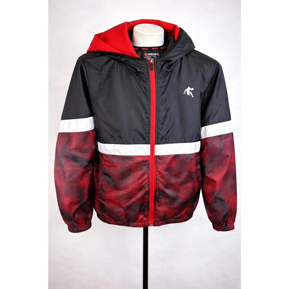 AND1 Youth Windbreaker Jacket Red Black Athletic Hooded Zip Lightweight XL 14/16